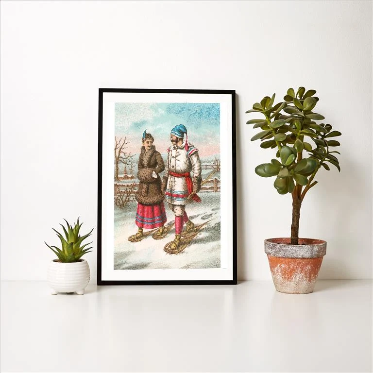WS-75 Exotic Couple on Snow Shoes - Vintage Image Art Print, Individual Print