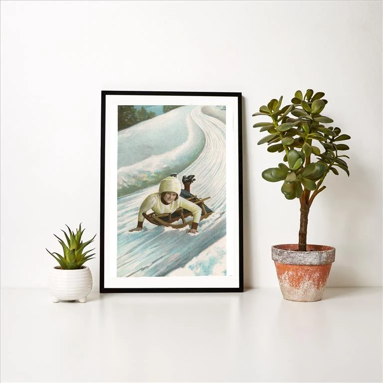 WS-34 Woman on Sled - Vintage Image Art Print, Individual Print