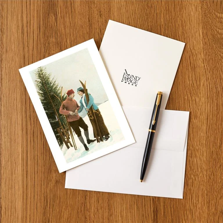 WS-29 Skiing Couple - Vintage Image Greeting Card, Pack of 4