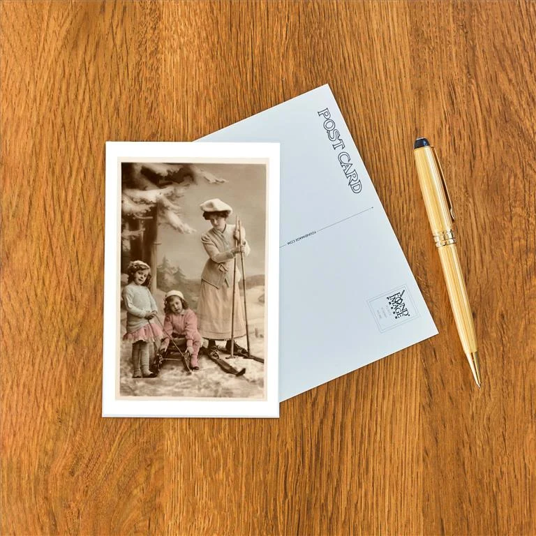 WS-126 Woman on Skis, Girls on Sled - Vintage Image Postcard, Pack of 10