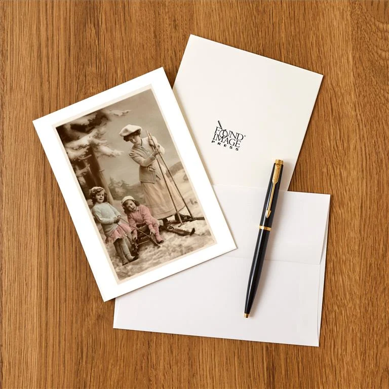 WS-126 Woman on Skis, Girls on Sled - Vintage Image Greeting Card, Pack of 4