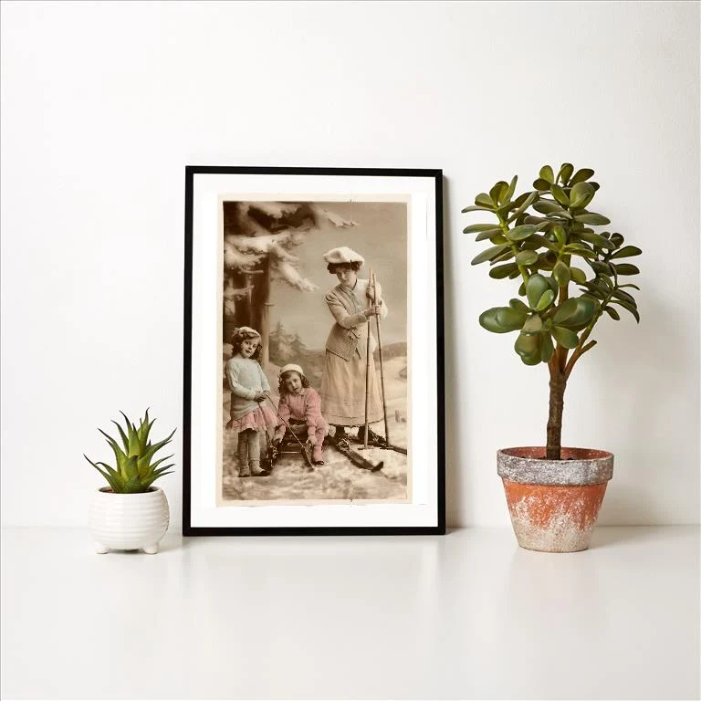 WS-126 Woman on Skis, Girls on Sled - Vintage Image Art Print, Individual Print