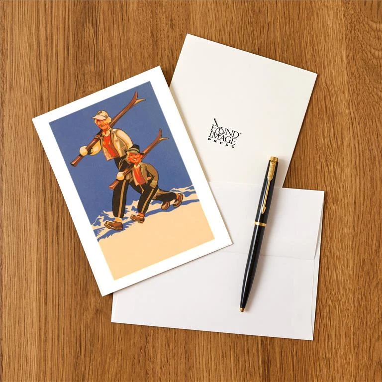 WS-16 Father and Son Alpine Skiers - Vintage Image Greeting Card, Pack of 4
