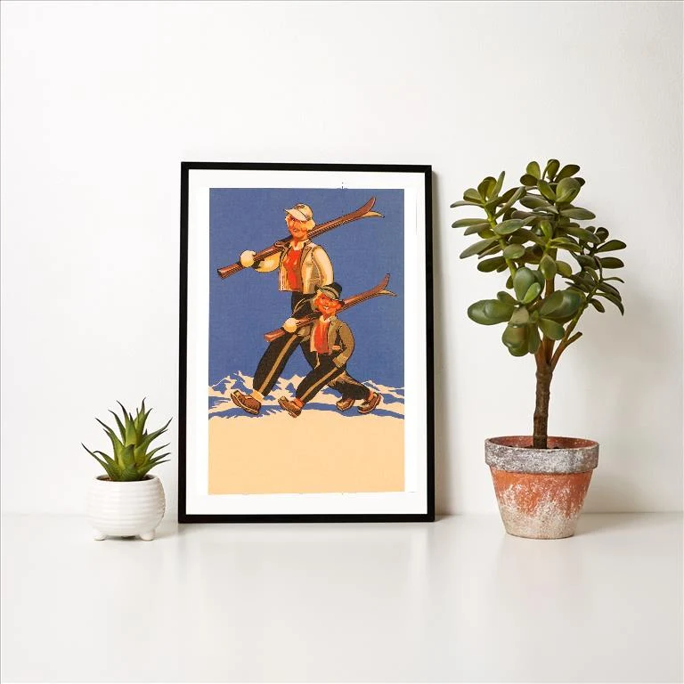 WS-16 Father and Son Alpine Skiers - Vintage Image Art Print, Individual Print