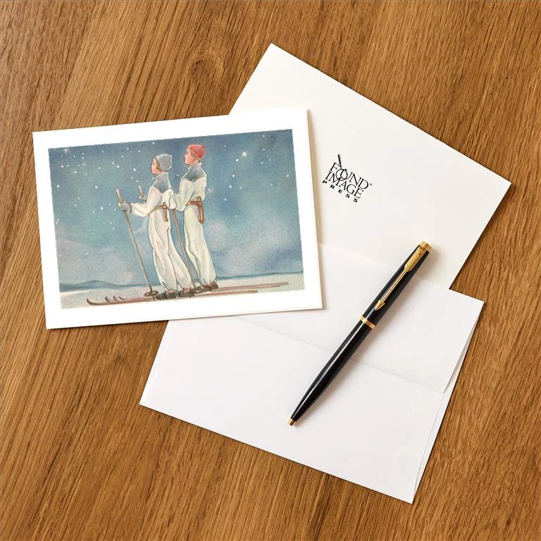 WS-125 Skiers Stargazing - Vintage Image Greeting Card, Pack of 4