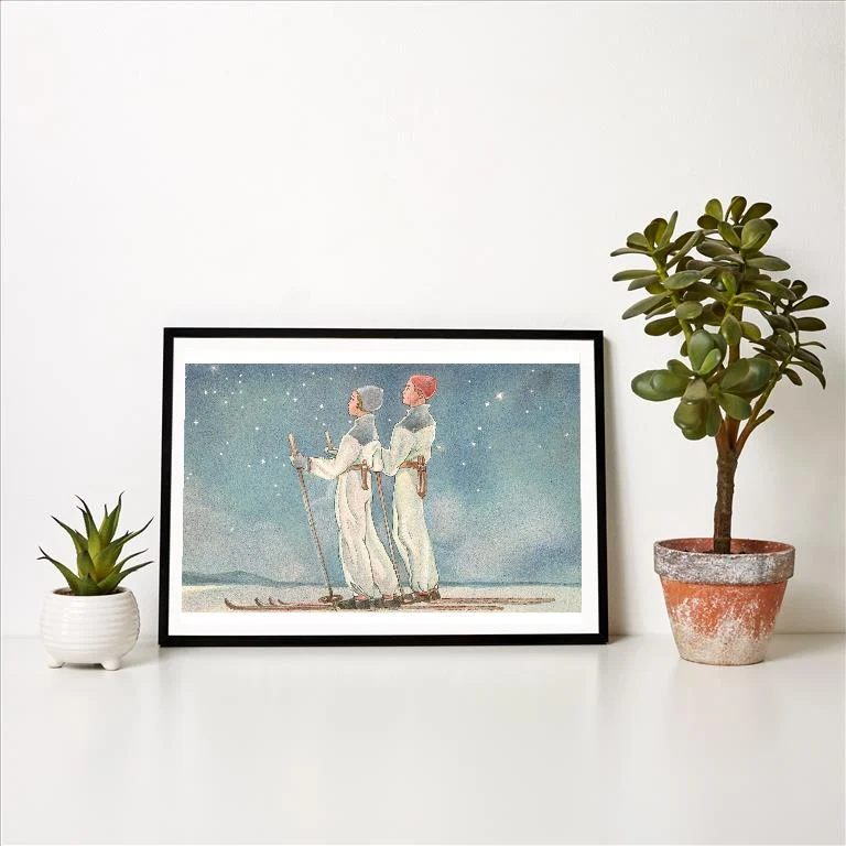 WS-125 Skiers Stargazing - Vintage Image Art Print, Individual Print