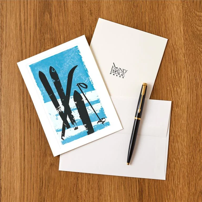 WS-58 Graphic of Skis in Snow - Vintage Image Greeting Card, Pack of 4