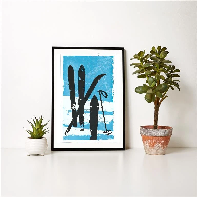 WS-58 Graphic of Skis in Snow - Vintage Image Art Print, Individual Print
