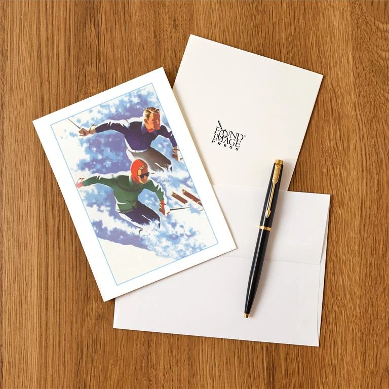 WS-70 Couple Racing through Powder on Skis - Vintage Image Greeting Card, Pack of 4