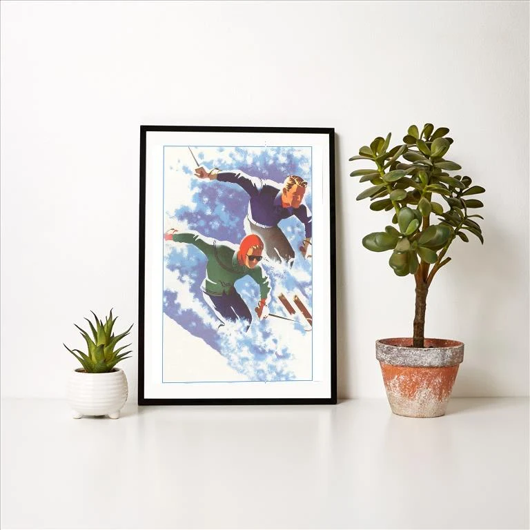 WS-70 Couple Racing through Powder on Skis - Vintage Image Art Print, Individual Print