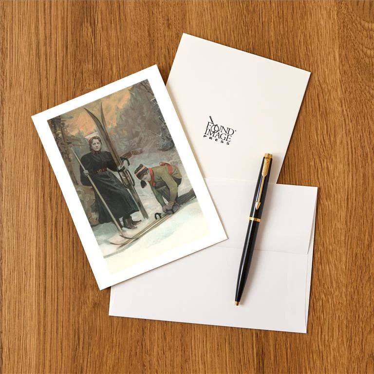 WS-111 Mother and Son Preparing to Ski - Vintage Image Greeting Card, Pack of 4