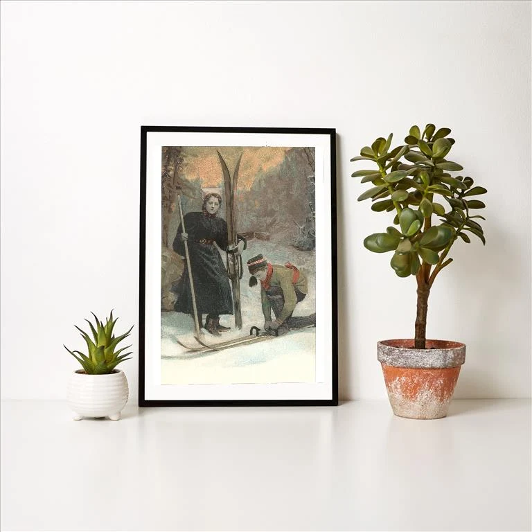 WS-111 Mother and Son Preparing to Ski - Vintage Image Art Print, Individual Print