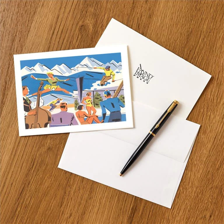 WS-55 Graphic of Winter Resort Activities - Vintage Image Greeting Card, Pack of 4