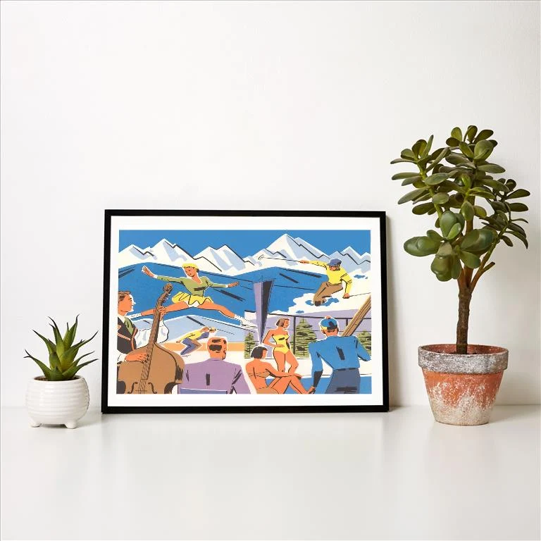 WS-55 Graphic of Winter Resort Activities - Vintage Image Art Print, Individual Print