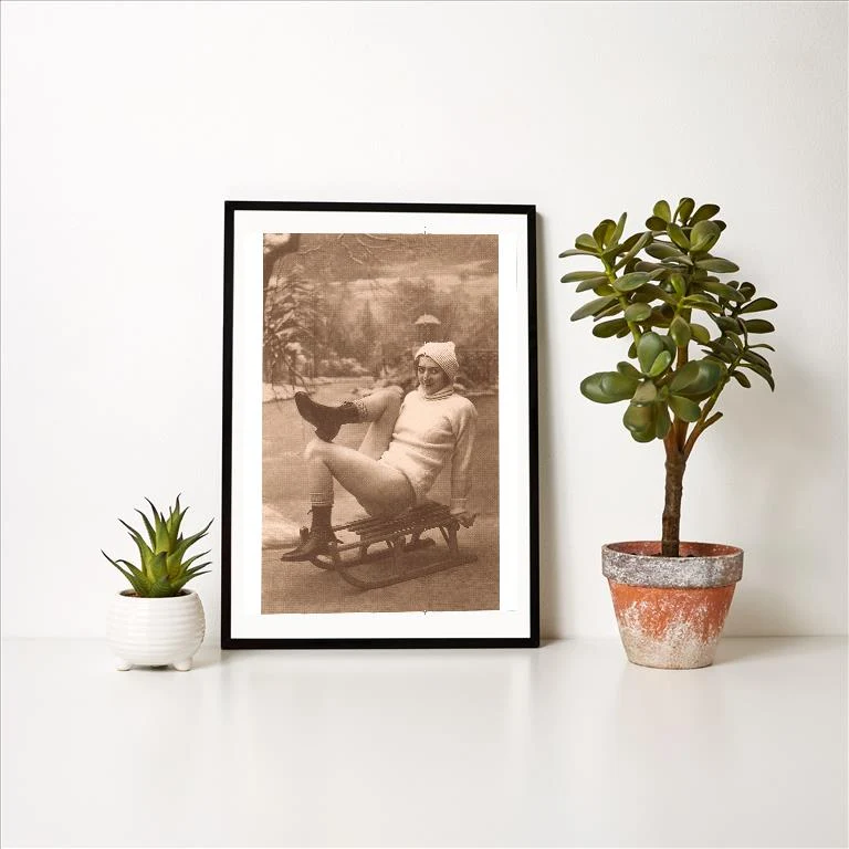 WS-32 Bare-Legged Woman on Sled - Vintage Image Art Print, Individual Print