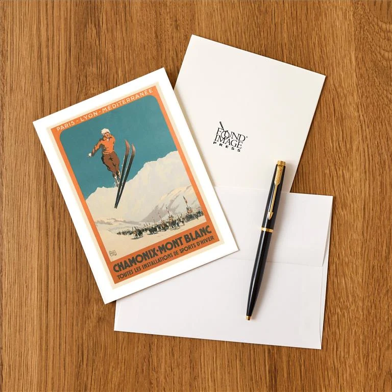 WS-140 French Ski Poster with Ski Jumper - Vintage Image Greeting Card, Pack of 4