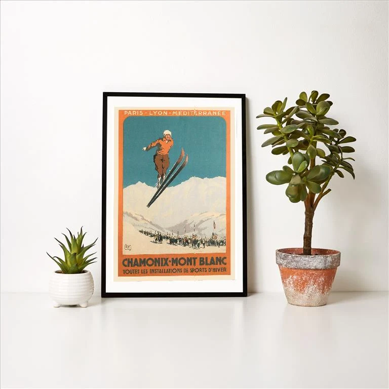 WS-140 French Ski Poster with Ski Jumper - Vintage Image Art Print, Individual Print
