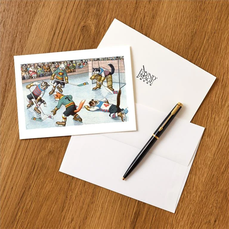 WS-162 Crazy Cats Playing Ice Hockey - Vintage Image Greeting Card, Pack of 4