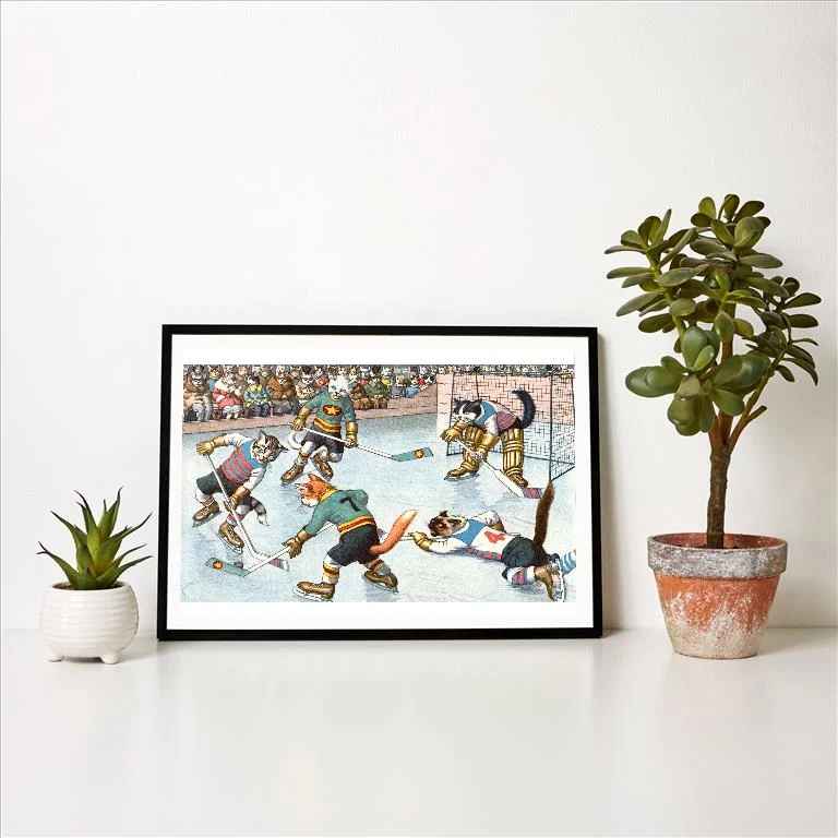 WS-162 Crazy Cats Playing Ice Hockey - Vintage Image Art Print, Individual Print