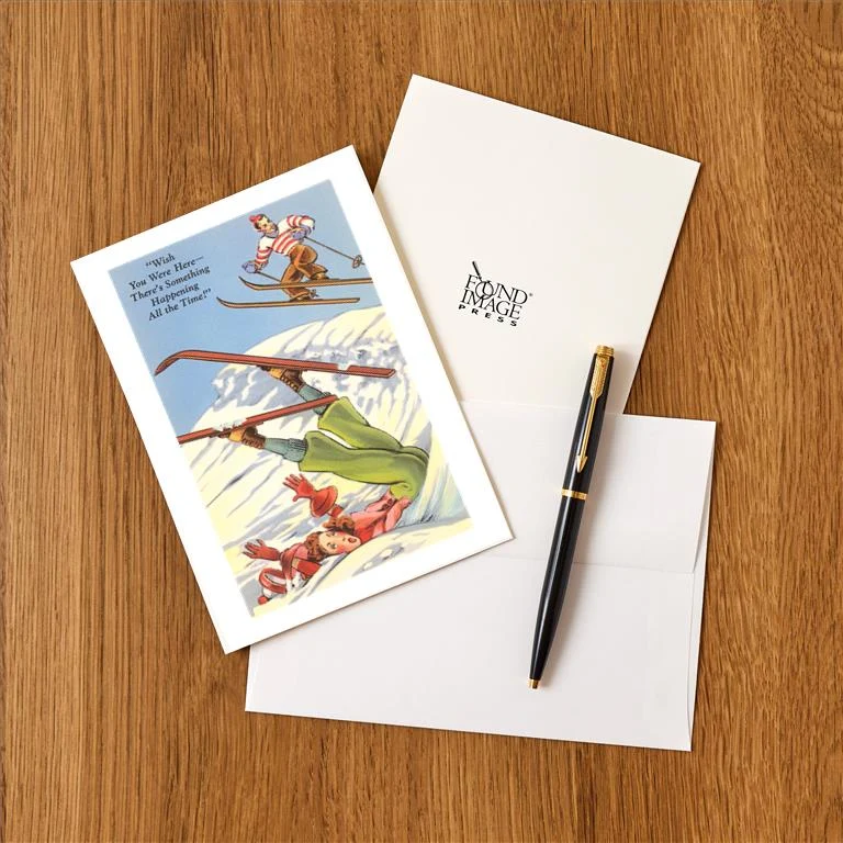WS-26 Woman Skier Falling , Cartoon - Vintage Image Greeting Card, Pack of 4