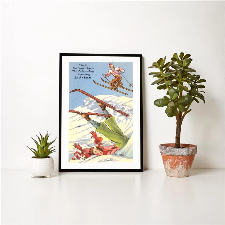 WS-26 Woman Skier Falling , Cartoon - Vintage Image Art Print, Individual Print
