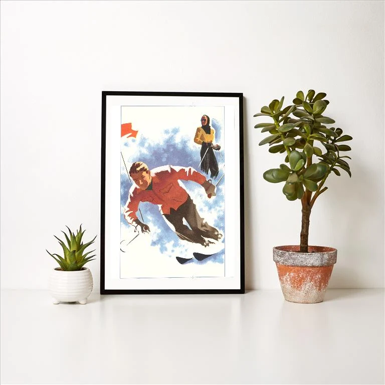 WS-67 Slalom Racing Down Ski Slope - Vintage Image Art Print, Individual Print