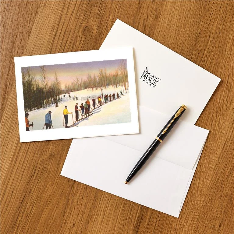 WS-25 Line of Cross Country Skiers - Vintage Image Greeting Card, Pack of 4
