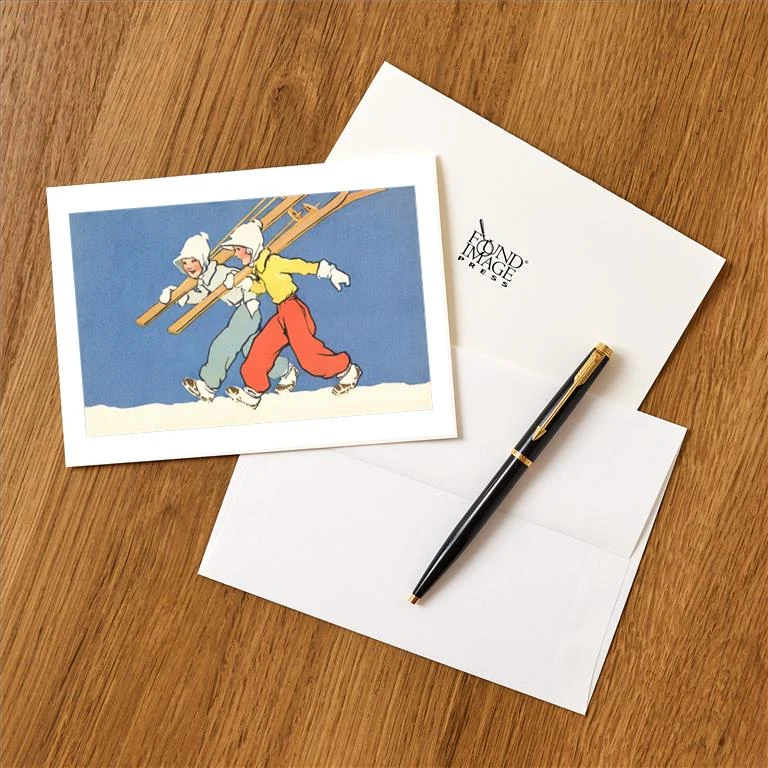 WS-113 Little Girls Heading Off to Ski - Vintage Image Greeting Card, Pack of 4