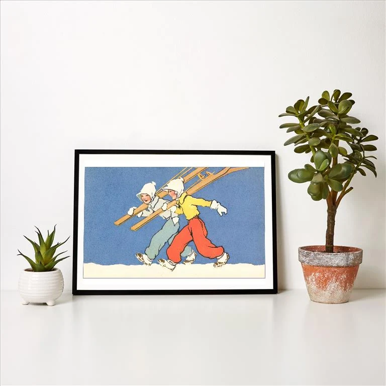 WS-113 Little Girls Heading Off to Ski - Vintage Image Art Print, Individual Print