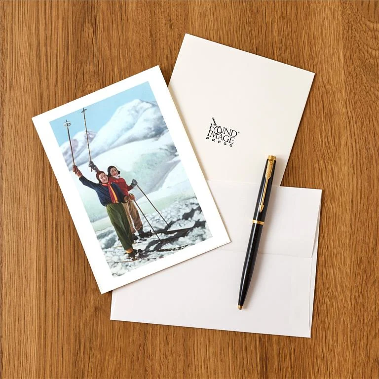 WS-74 Women Standing on Skis with Poles Raised - Vintage Image Greeting Card, Pack of 4