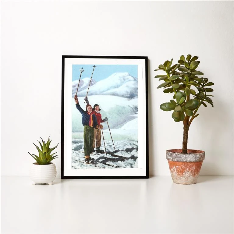 WS-74 Women Standing on Skis with Poles Raised - Vintage Image Art Print, Individual Print