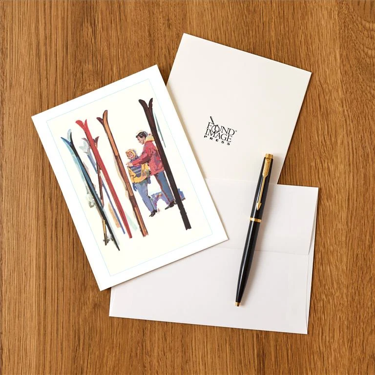 WS-56 Couple with Sets of Skis - Vintage Image Greeting Card, Pack of 4