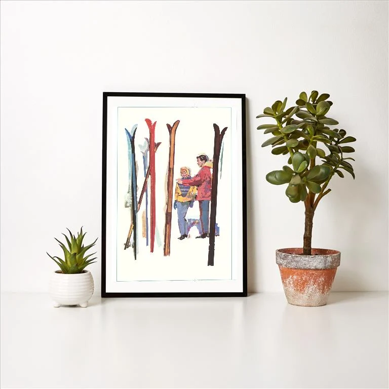 WS-56 Couple with Sets of Skis - Vintage Image Art Print, Individual Print
