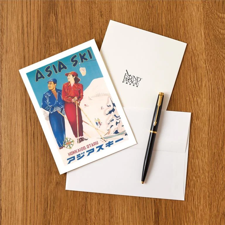 WS-171 Asia Ski Travel Poster - Vintage Image Greeting Card, Pack of 4