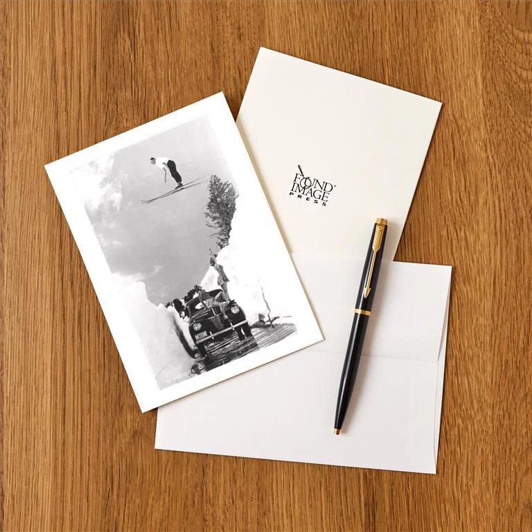 WS-13 Man Ski-Jumping over Road - Vintage Image Greeting Card, Pack of 4