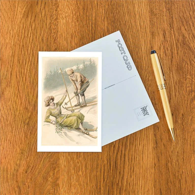 WS-82 Bonne Annee, Old Fashioned Skiers - Vintage Image Postcard, Pack of 10