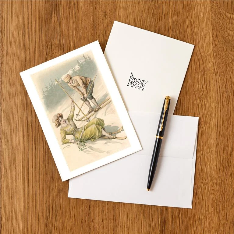 WS-82 Bonne Annee, Old Fashioned Skiers - Vintage Image Greeting Card, Pack of 4