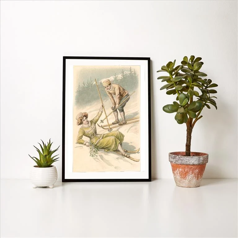 WS-82 Bonne Annee, Old Fashioned Skiers - Vintage Image Art Print, Individual Print