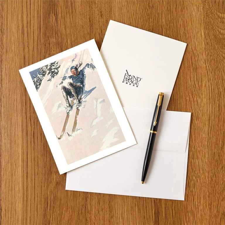 WS-109 Panicked Man Falling Down Ski Slope - Vintage Image Greeting Card, Pack of 4