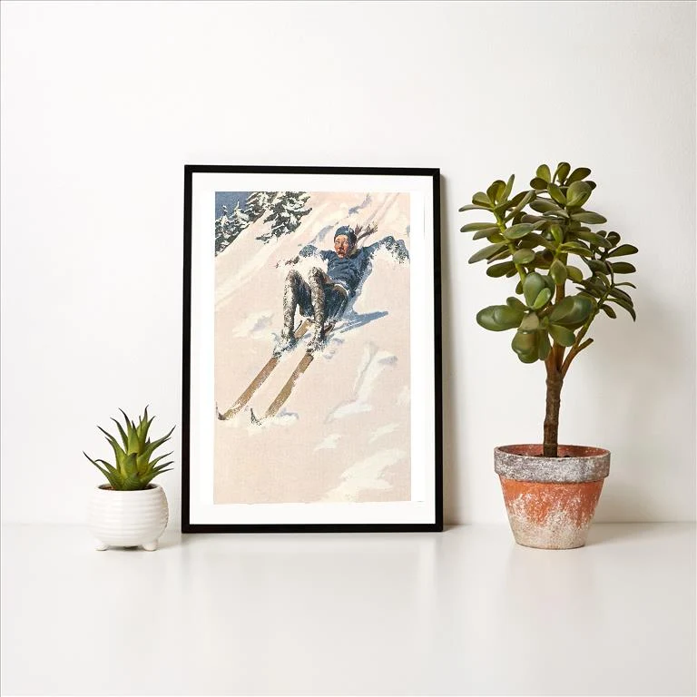 WS-109 Panicked Man Falling Down Ski Slope - Vintage Image Art Print, Individual Print