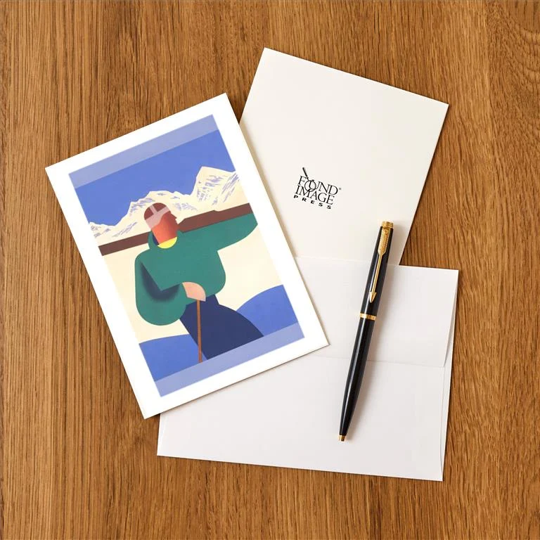 WS-50 Graphic of Man Carrying Skis - Vintage Image Greeting Card, Pack of 4