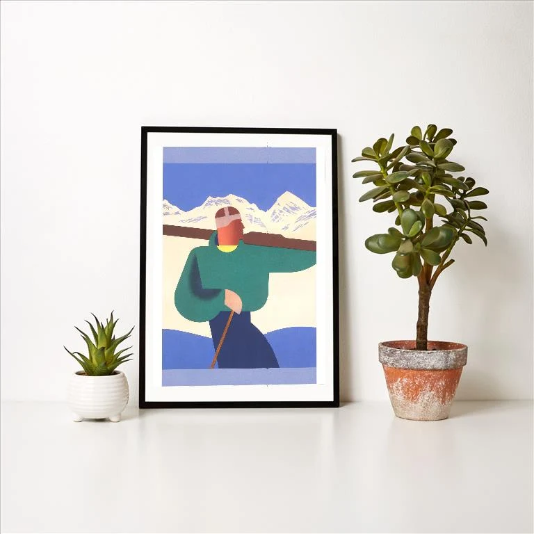 WS-50 Graphic of Man Carrying Skis - Vintage Image Art Print, Individual Print