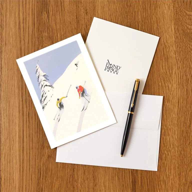 WS-146 Downhill Skiers in Powder - Vintage Image Greeting Card, Pack of 4