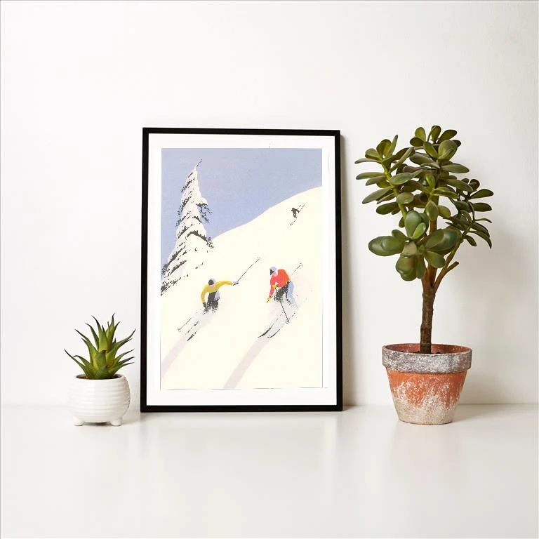 WS-146 Downhill Skiers in Powder - Vintage Image Art Print, Individual Print