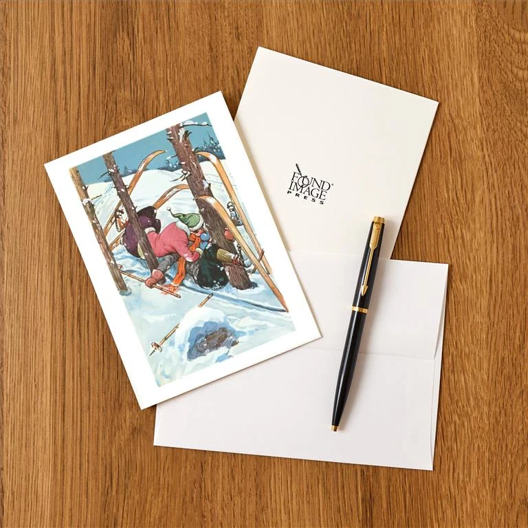 WS-80 Couple Kissing While Crashing on Skis - Vintage Image Greeting Card, Pack of 4