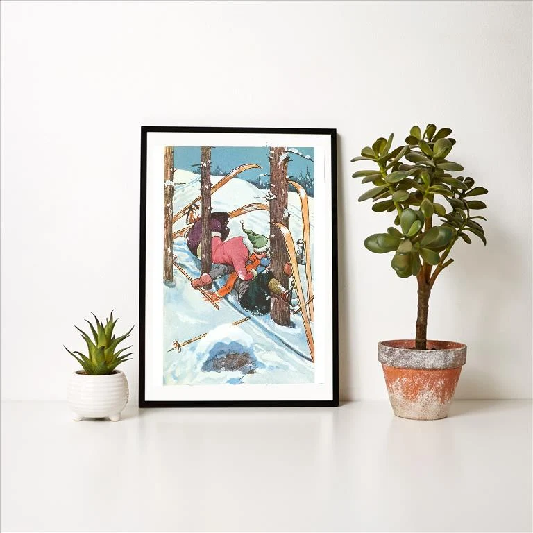 WS-80 Couple Kissing While Crashing on Skis - Vintage Image Art Print, Individual Print