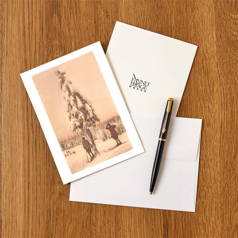 WS-99 Skiers Waiting under Snow-laden Tree - Vintage Image Greeting Card, Pack of 4