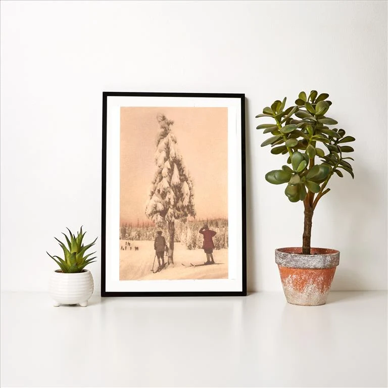 WS-99 Skiers Waiting under Snow-laden Tree - Vintage Image Art Print, Individual Print