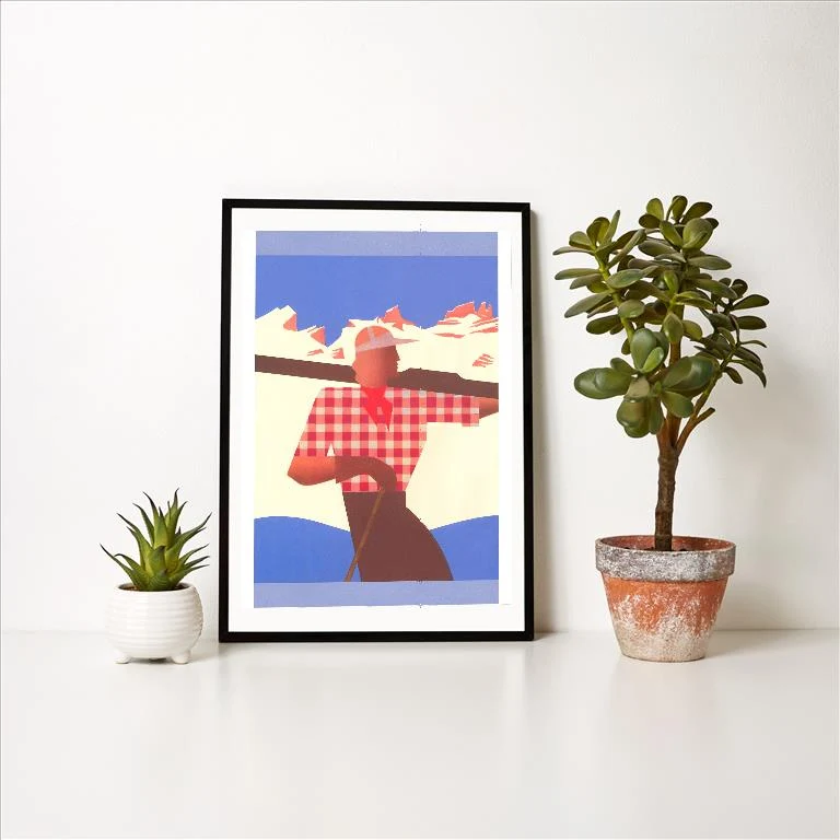 WS-51 Graphics of Woman Carrying Skis - Vintage Image Art Print, Individual Print