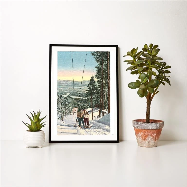 WS-164 Girls on Skis Riding Tow Rope - Vintage Image Art Print, Individual Print
